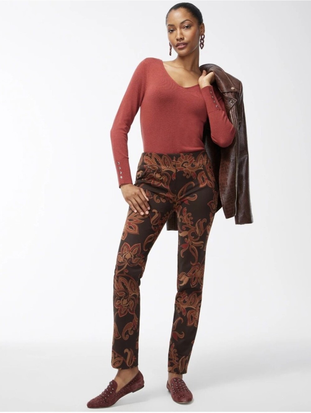 Chicos Juliet Ponte Floral Ankle Pant Fall Autumn Colors Slimming Stretch 2 12